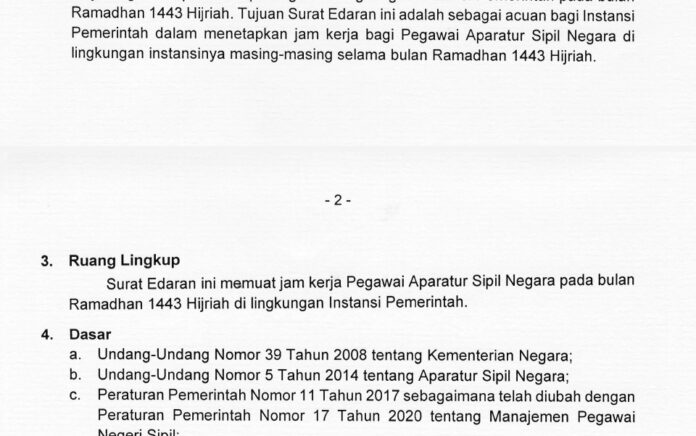 SE Menpan RB: ASN Kerja Jam 08.00-15.00 Saat Ramadan 1443 Hijriah