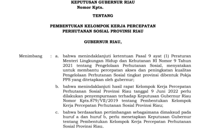 Penerbitan Draft SK Pembentukan Pokja Perhutanan Sosial Provinsi Riau Dinilai Tak Libatkan Partisipasi Publik